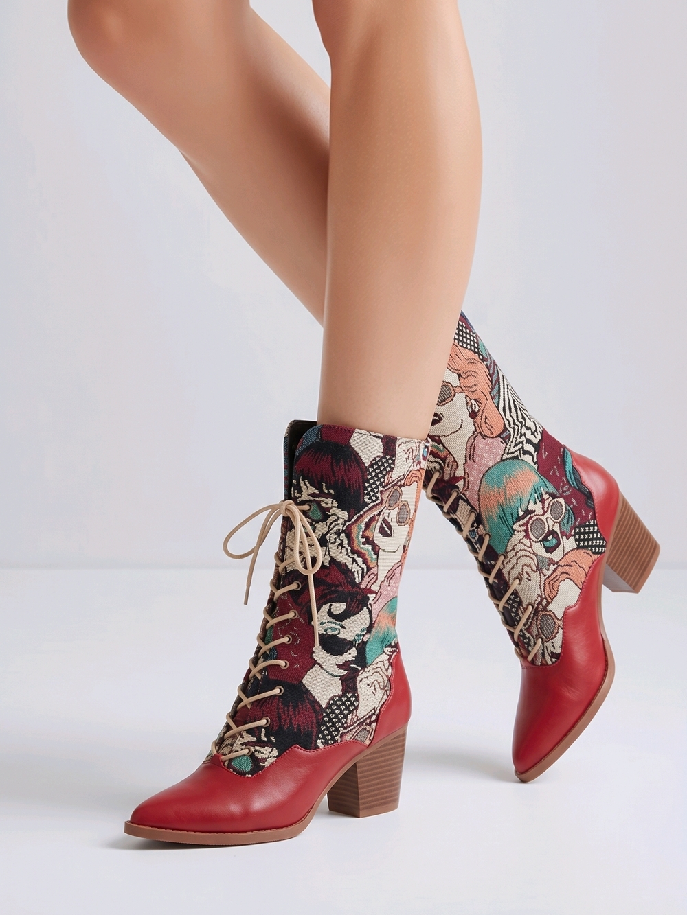 Red Graphic Lace-Up Mid Heel Boots with Printed Shaft